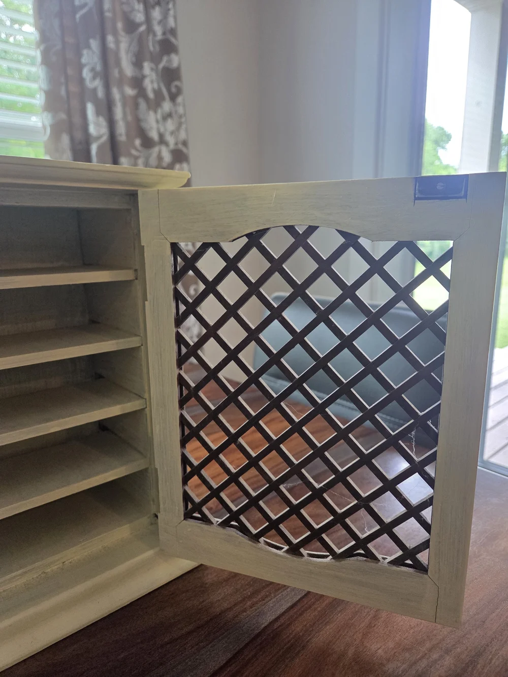 Distressed Pale Yellow Wood Cabinet with Lattice Door - Home Storage